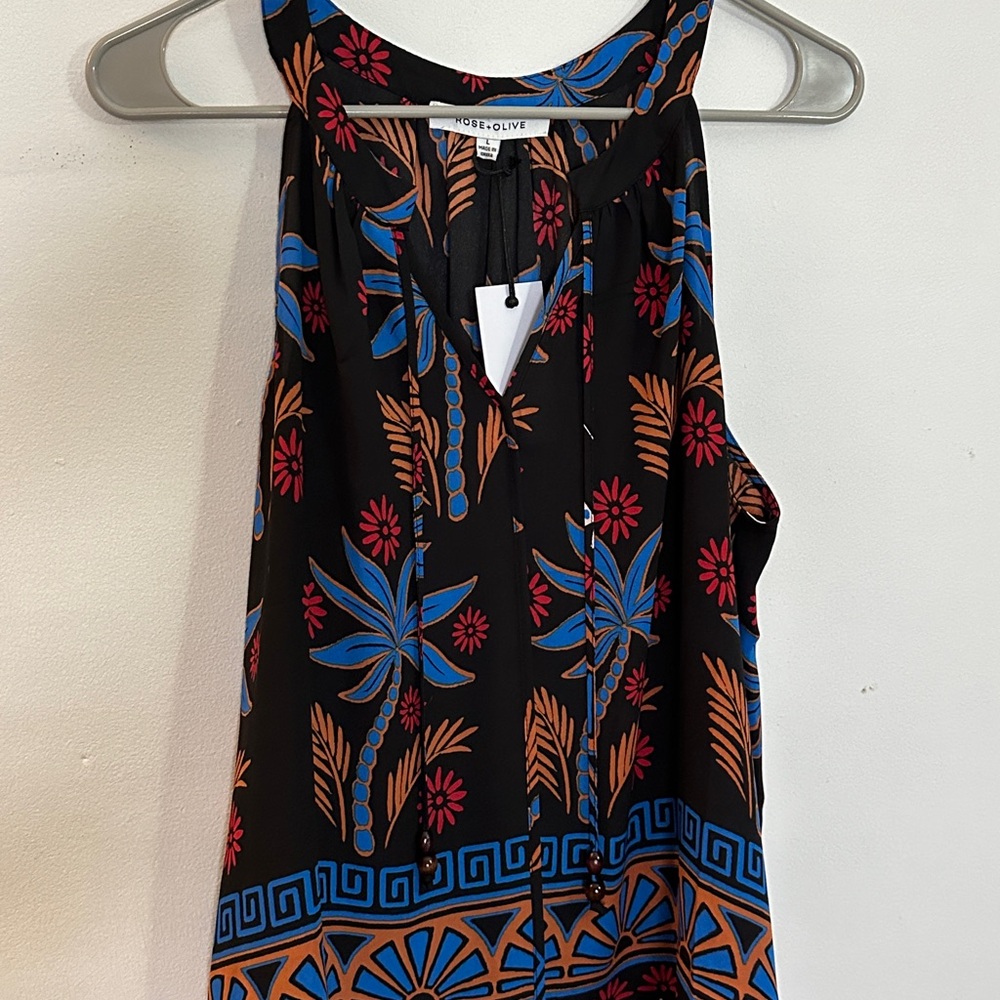 Rose & Olive Black Tank Top with Blue and Orange Floral Patterns